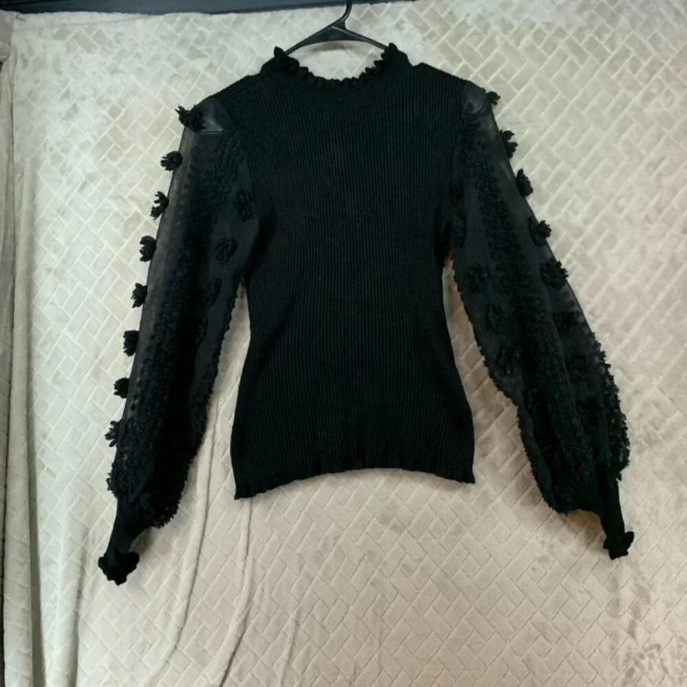 Almost Famous Womens S Sweater Black Ribbed Sheer Long Puff Sleeve Cabin Cottage - Picture 1 of 16